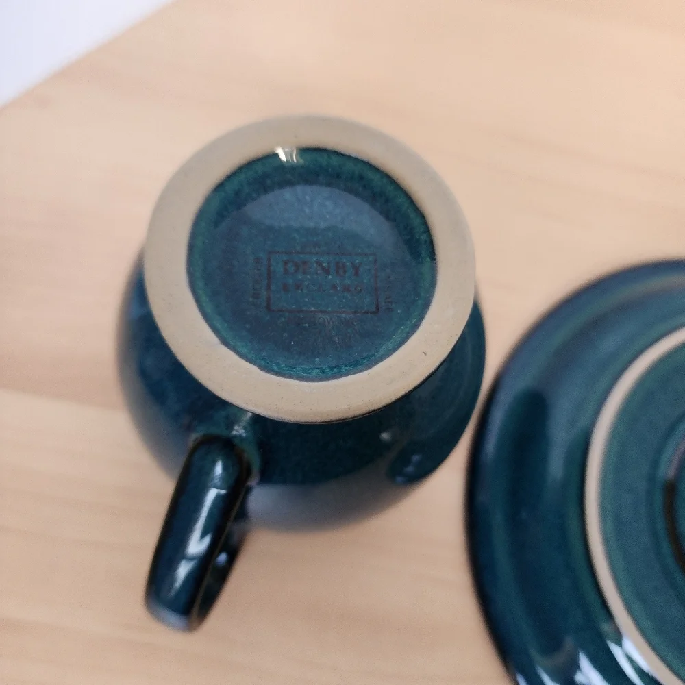 Vintage Denby England Greenwich Teal Stoneware Cup & Saucer Set